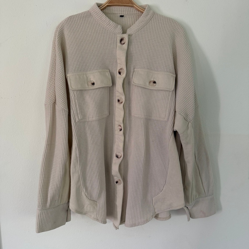 Cream Waffle Knit Mixed Media Button Down Shacket Band Collar Beige Large